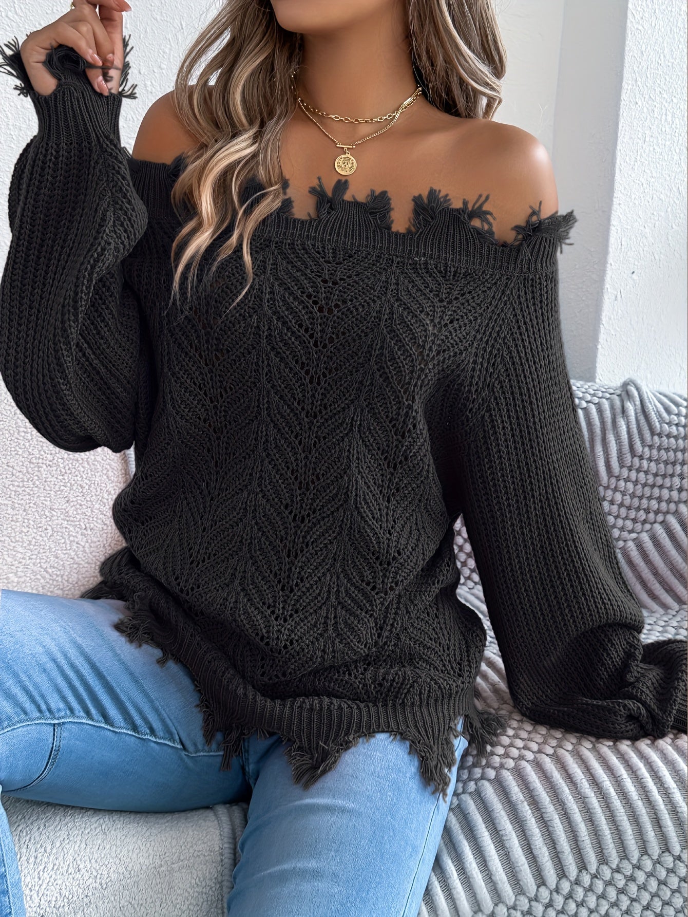 Suéter de punto sin hombros para mujer – Sudadera de punto elegante para otoño/invierno