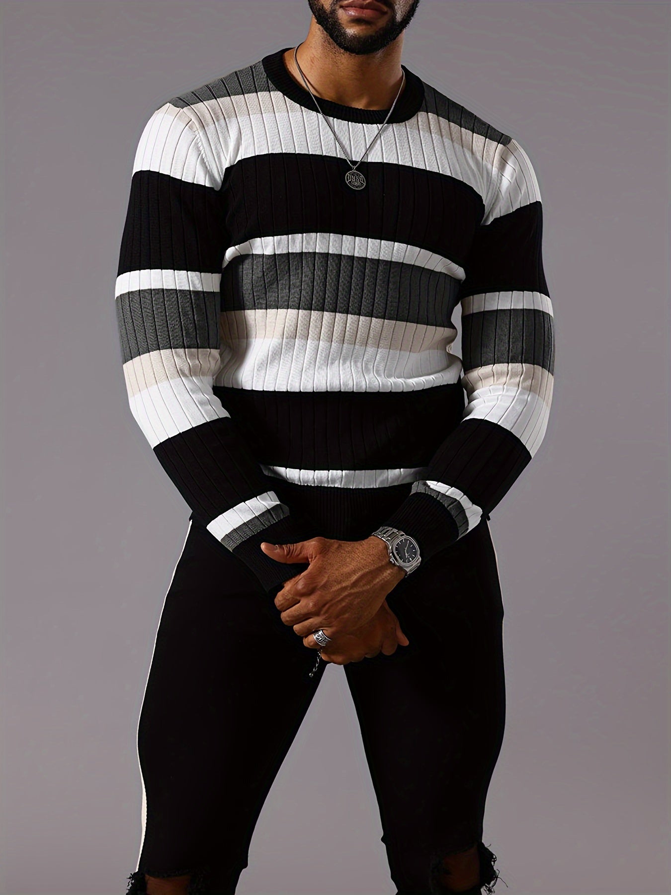 Pull rayé en tricot côtelé pour homme – Pull Color Block Automne Hiver