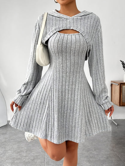 Ensemble 2 pièces côtelé pour femme – Top court à capuche et robe moulante