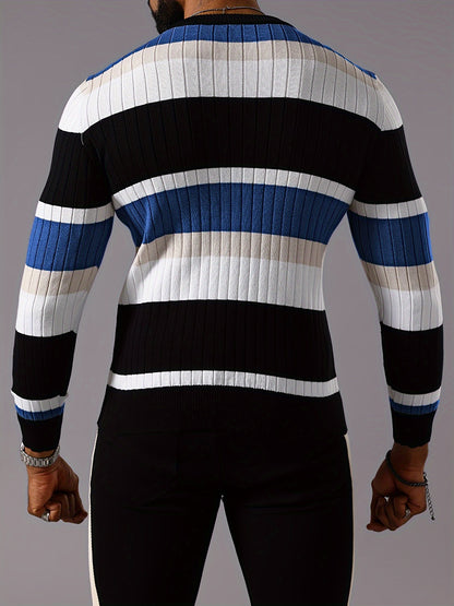 Pull rayé en tricot côtelé pour homme – Pull Color Block Automne Hiver