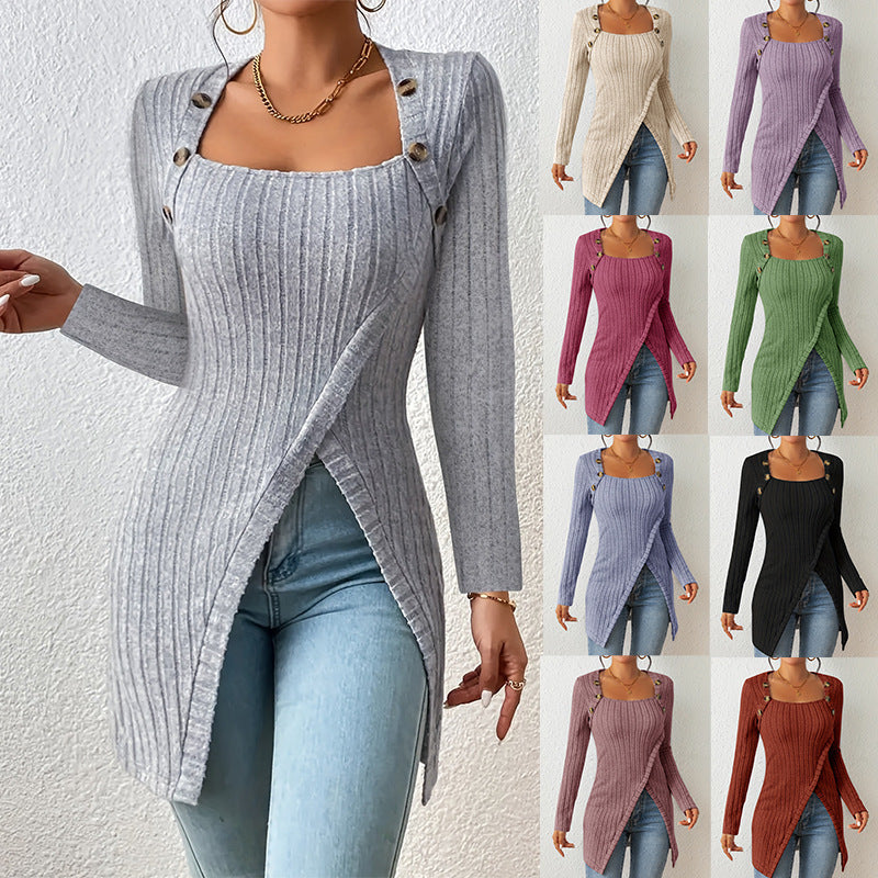 Jersey de punto elegante con abertura, hombros descubiertos y escote cuadrado para mujer
