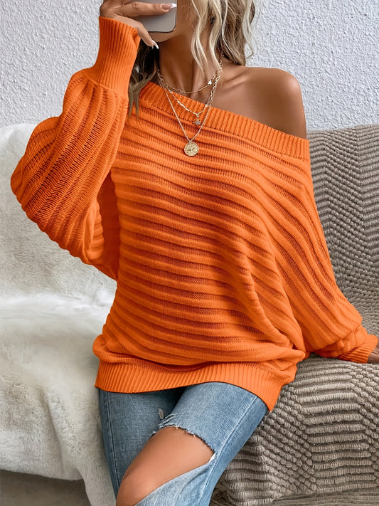 Blusa de talla grande con hombros descubiertos – Blusa informal de manga murciélago acanalada