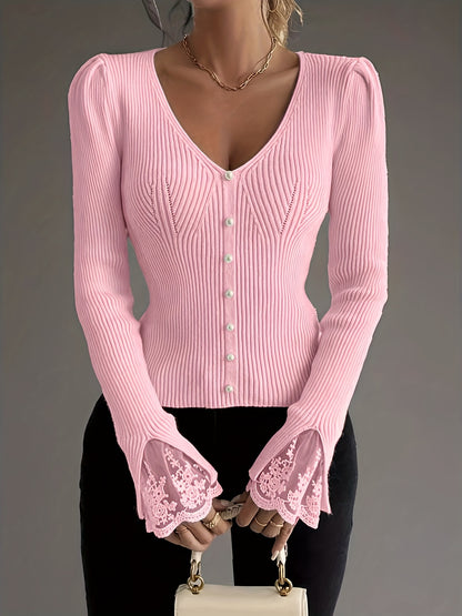 Pull élégant rose à col en V pour femme – Haut en maille côtelée à manches longues