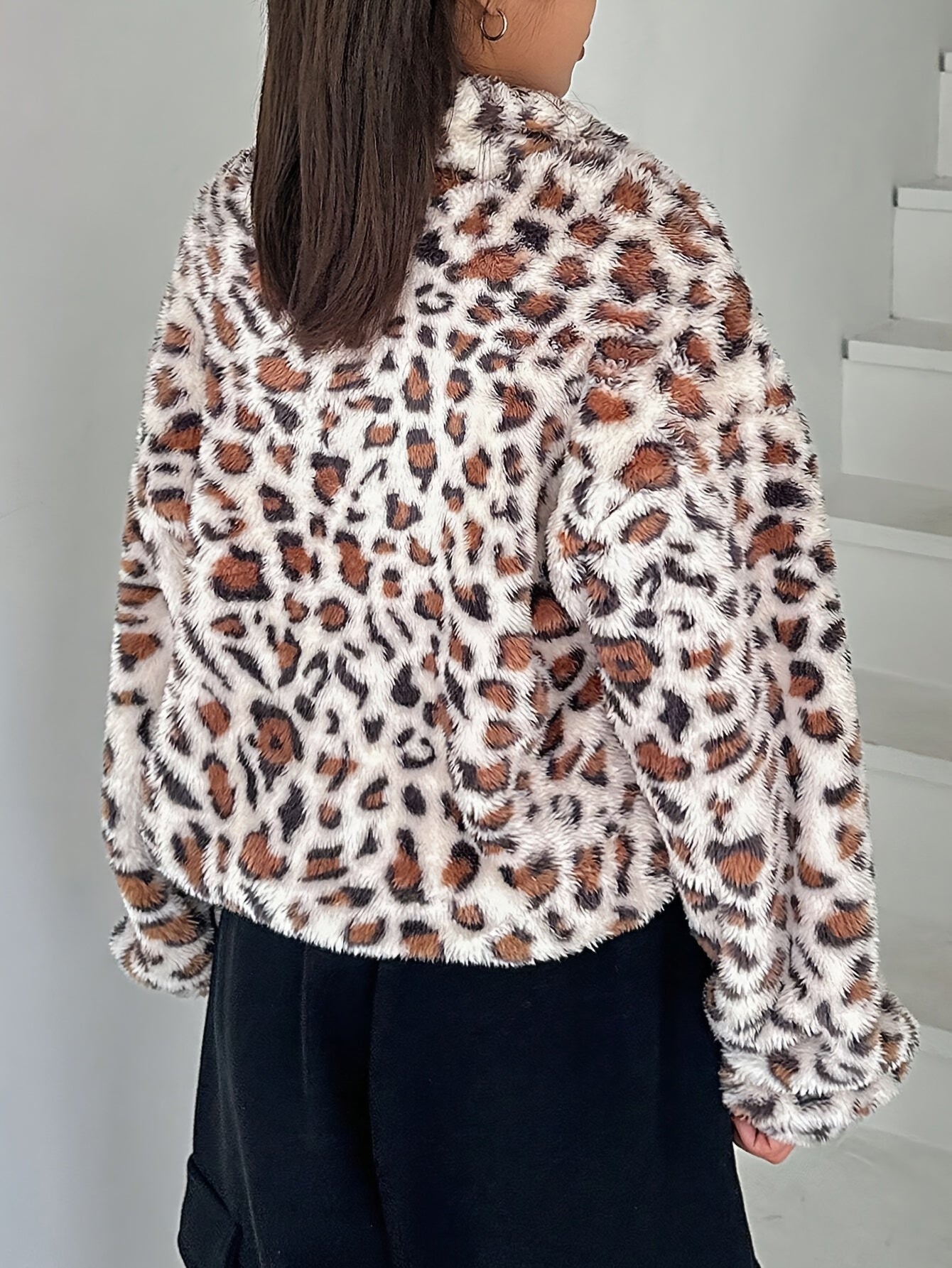 Sudadera con capucha elegante de felpa con estampado de leopardo – Chaqueta con cremallera forrada de forro polar suave
