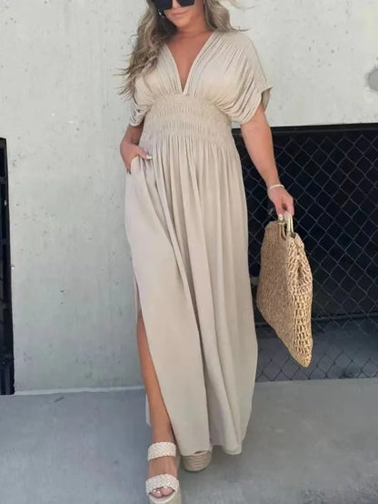 Robe longue fendue à col en V Loom & Soul™ pour femme – Robe longue d'été à manches courtes et taille élastique