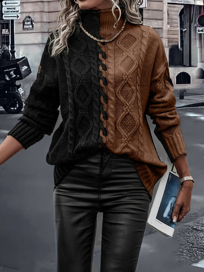 Blusa Elegante de Rayas con Cuello Alto – Top de Manga Larga de Punto Color Block