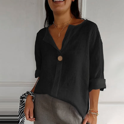 Loom & Soul™ Top de botones con cuello en V de algodón y lino para mujer – Blusa suelta de manga larga