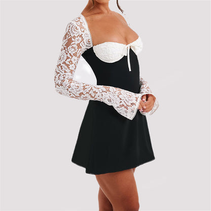 Robe Courte Corset en Dentelle Y2K Loom & Soul™ – Robe Courte à Manches Longues et Lacets au Dos pour Femme