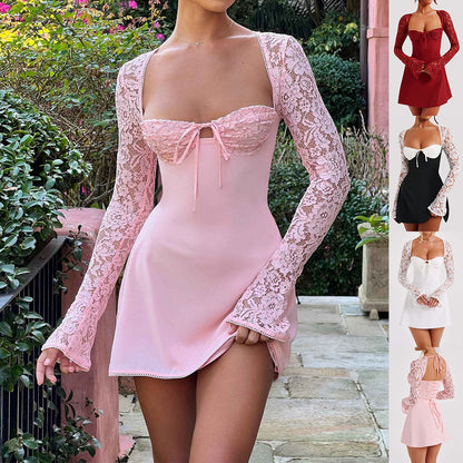 Robe Courte Corset en Dentelle Y2K Loom & Soul™ – Robe Courte à Manches Longues et Lacets au Dos pour Femme