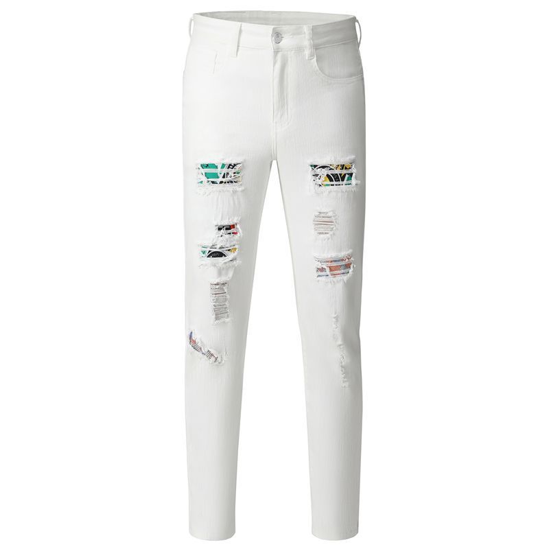 Loom & Soul™ Hole Patch Washed Jeans – Men’s Slim-Fit White Denim Pants