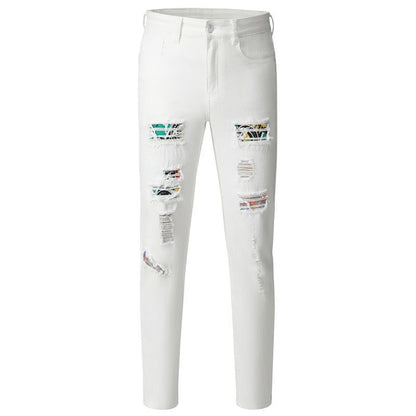 Loom & Soul™ Hole Patch Washed Jeans – Men’s Slim-Fit White Denim Pants