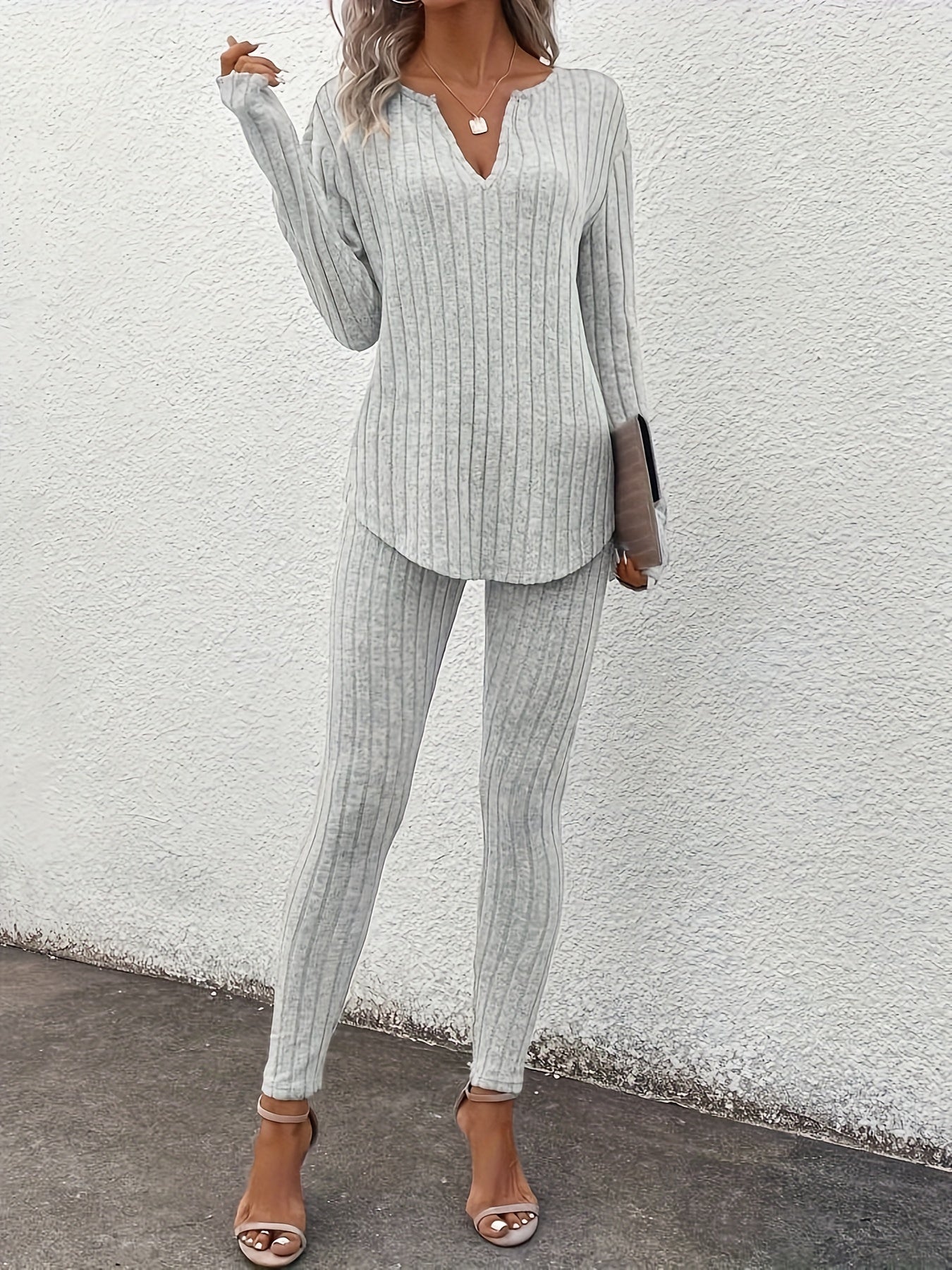 Ribbed Slim Fit Suit – Women’s V-Neck Long Sleeve Top & Pants Set