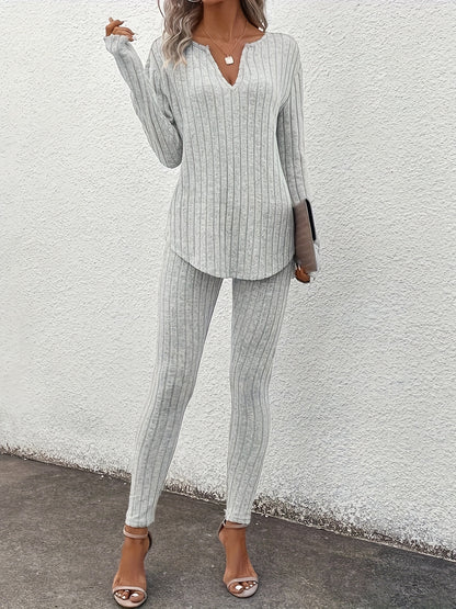 Ribbed Slim Fit Suit – Women’s V-Neck Long Sleeve Top & Pants Set
