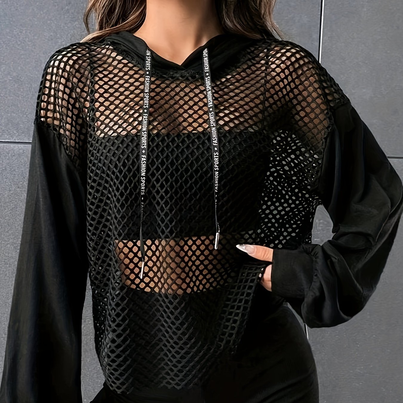 Camiseta de manga larga con capucha de malla Y2K – Top de calle transparente con contraste para mujer