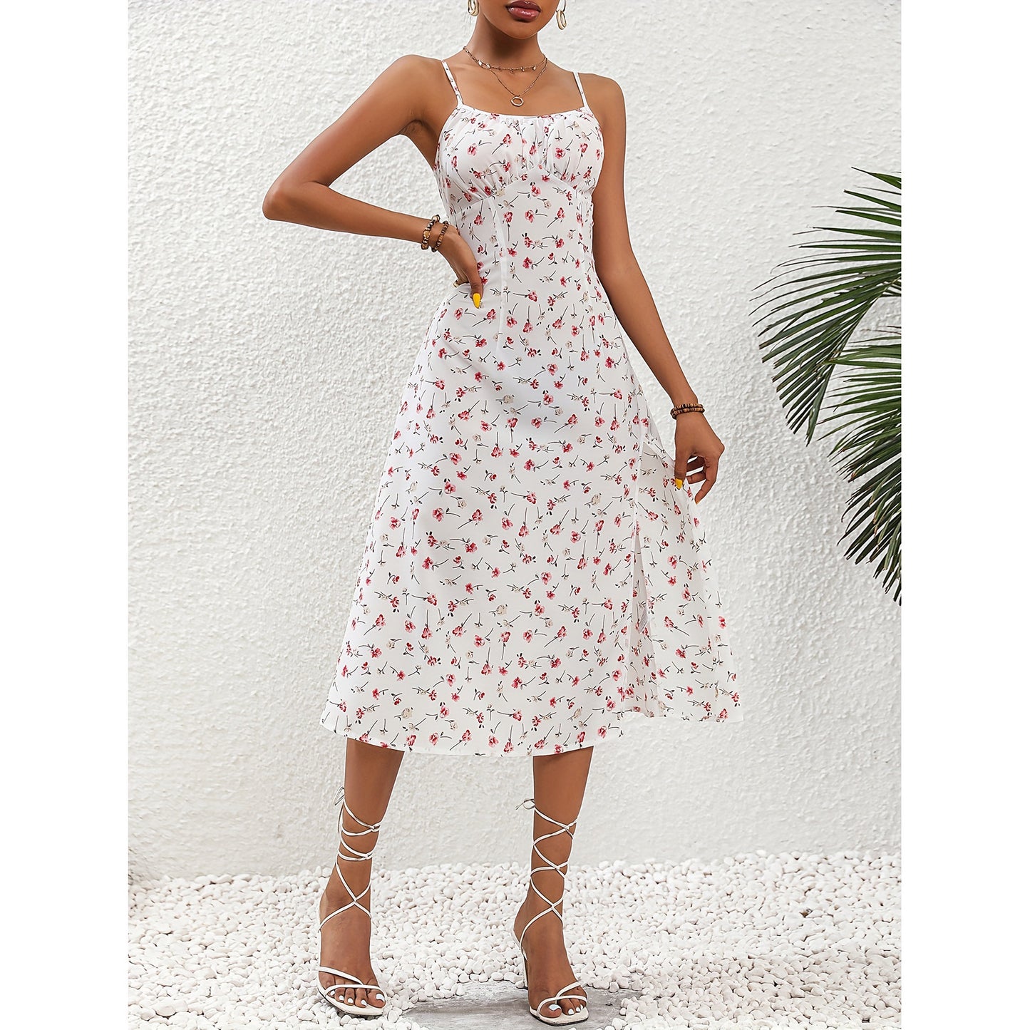 Loom & Soul™ Vestido Largo con Tirantes Finos y Estampado de Lunares – Vestido Largo de Verano para Mujer con Abertura