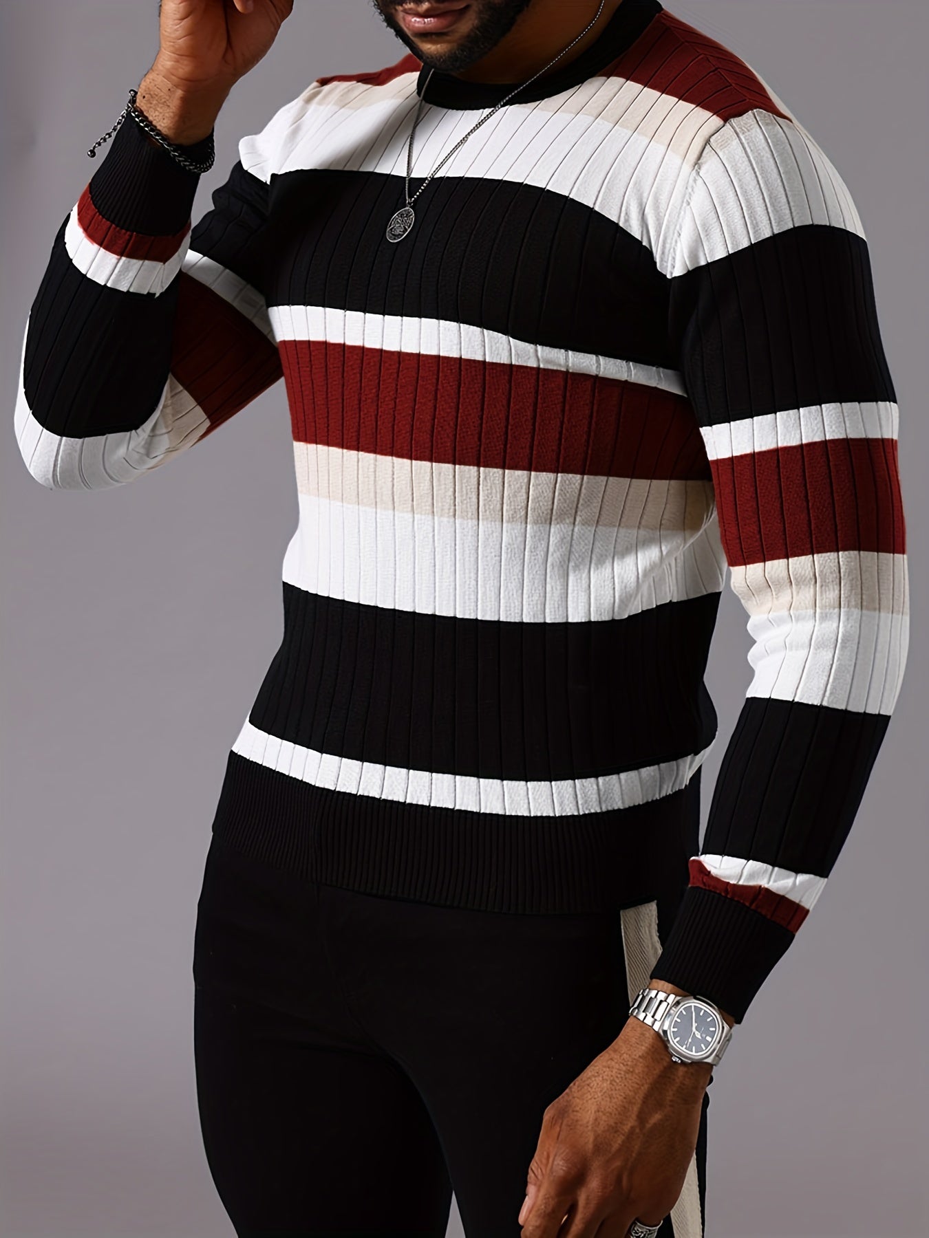 Pull rayé en tricot côtelé pour homme – Pull Color Block Automne Hiver
