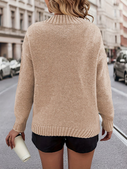 Suéter cómodo con estampado de corazón y cuello en V – Jersey de punto suave para otoño/invierno