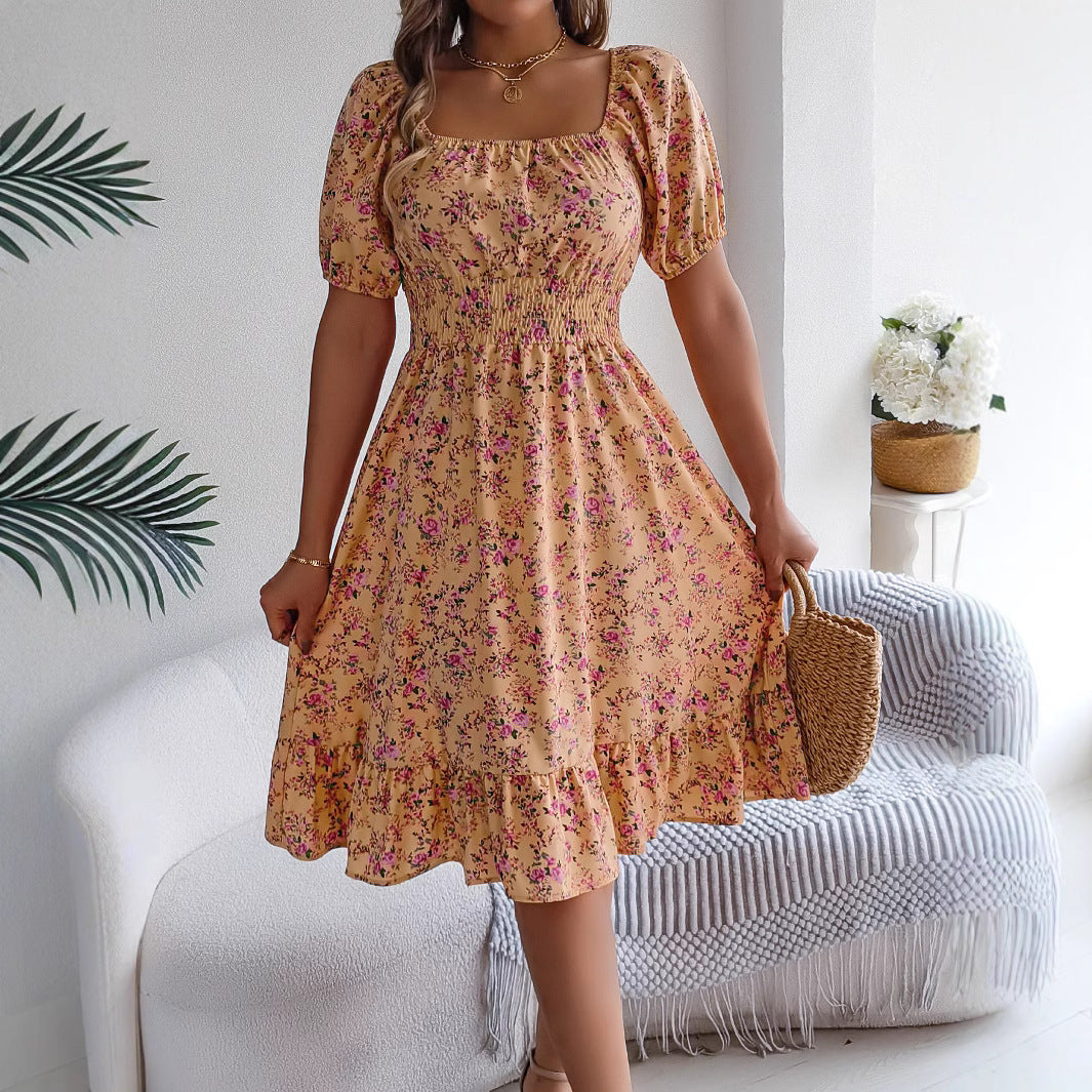 Loom & Soul™ Vestido Floral con Volantes – Vestido de Verano de Manga Corta con Cuello Cuadrado para Mujer