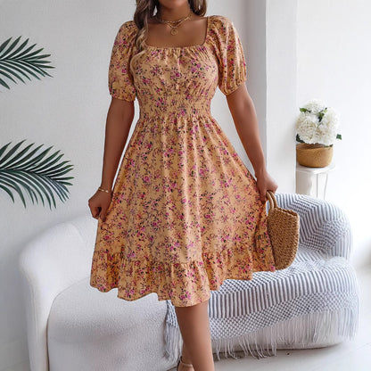 Loom & Soul™ Vestido Floral con Volantes – Vestido de Verano de Manga Corta con Cuello Cuadrado para Mujer