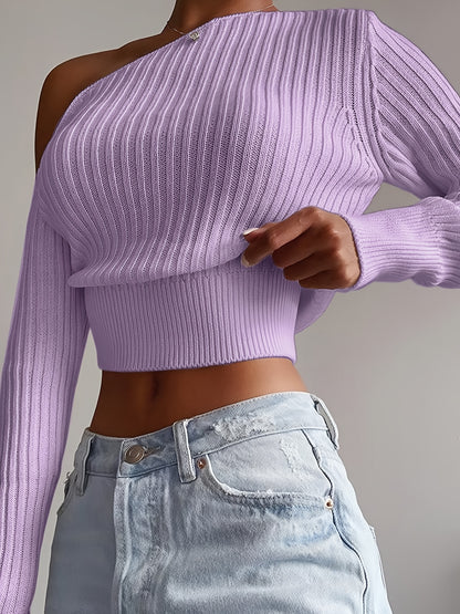 Off-Shoulder Ribbed Sweater – Cropped Long Sleeve Knit Top for Women