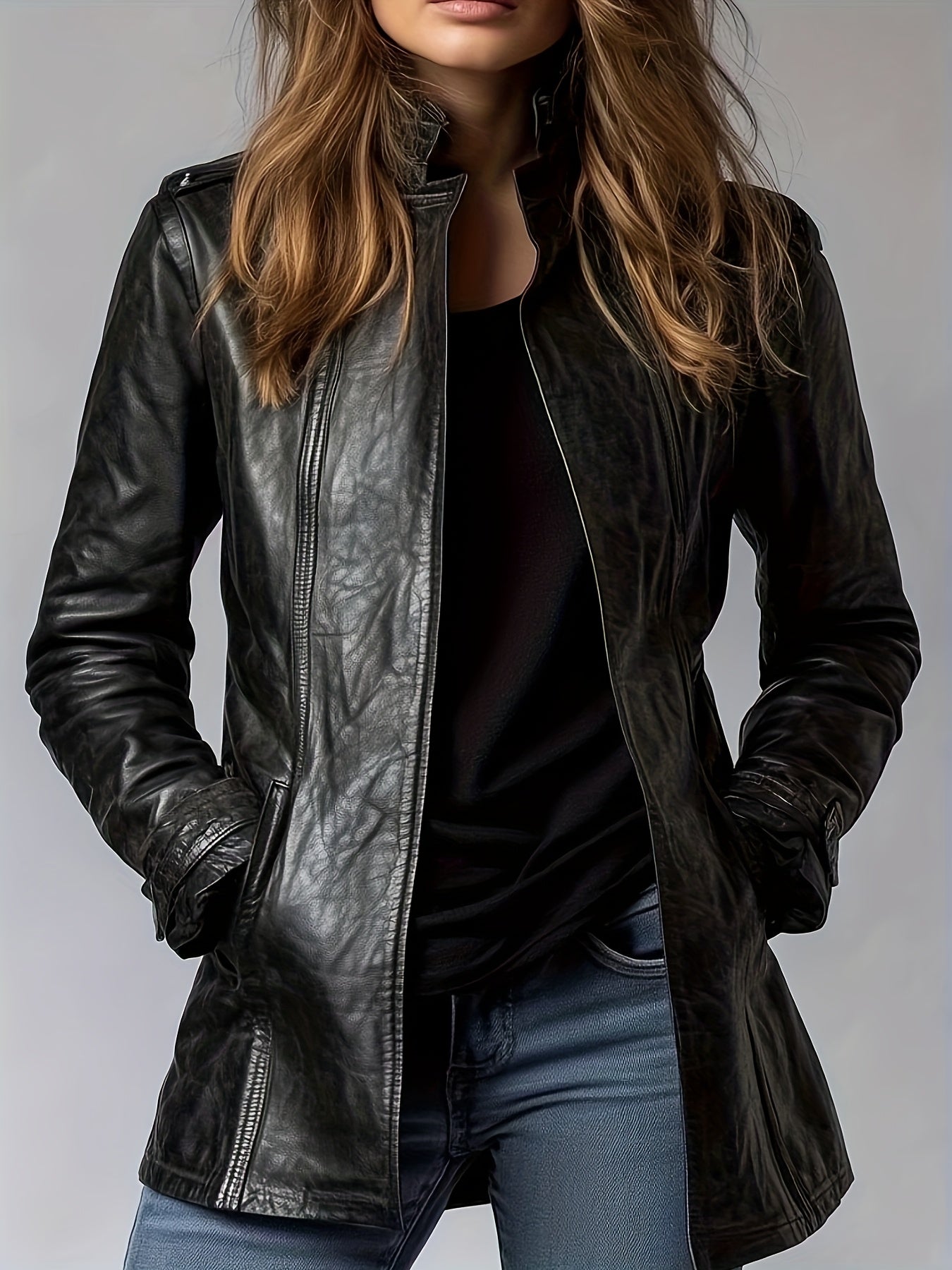 Women’s PU Motorcycle Jacket – Vintage Stand Collar Retro Zip Coat