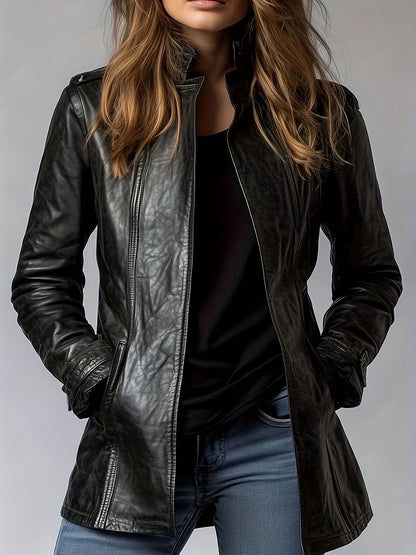 Women’s PU Motorcycle Jacket – Vintage Stand Collar Retro Zip Coat