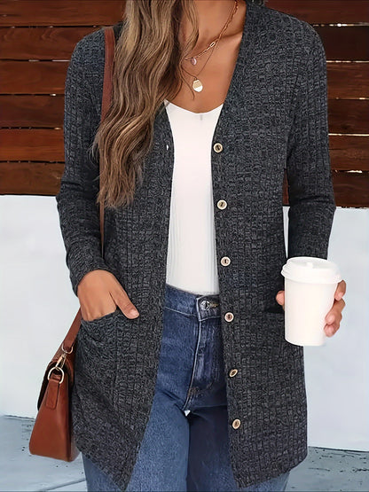 Cárdigan elegante con cuello de pico para mujer – Suéter acogedor de otoño con botones