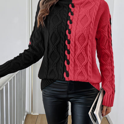 Blusa Elegante de Rayas con Cuello Alto – Top de Manga Larga de Punto Color Block