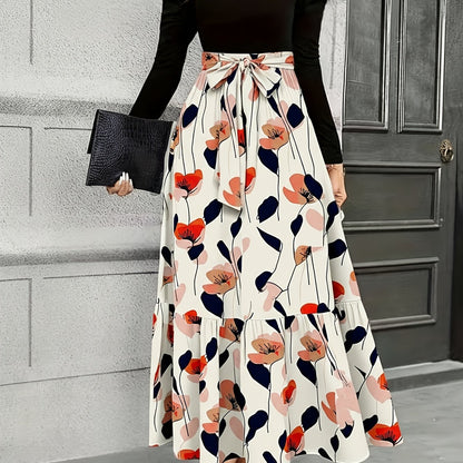 Vestido largo con lazo en la cintura y estampado floral en azul marino – Elegante vestido retro con corte ajustado y falda acampanada