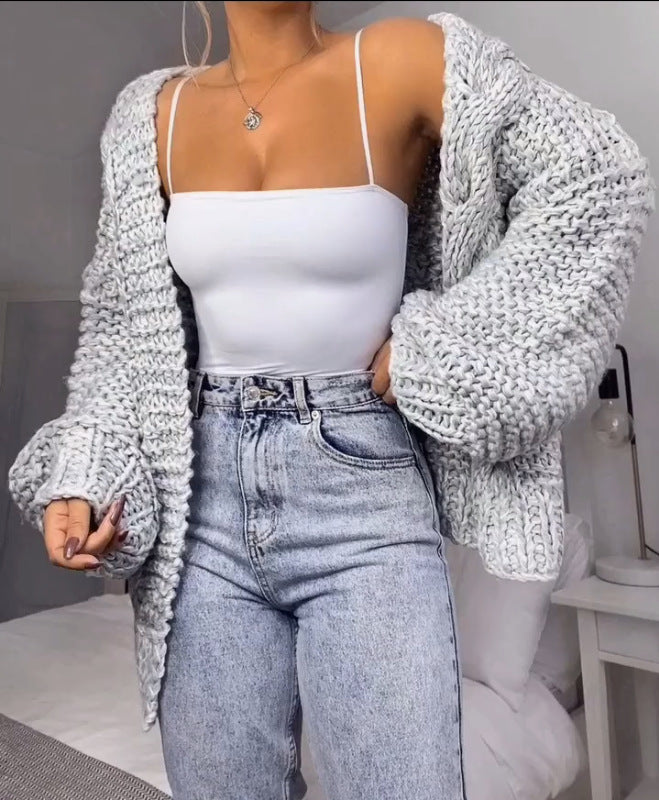 Cárdigan de punto de imitación de mohair para mujer – Abrigo de suéter de invierno cálido y holgado