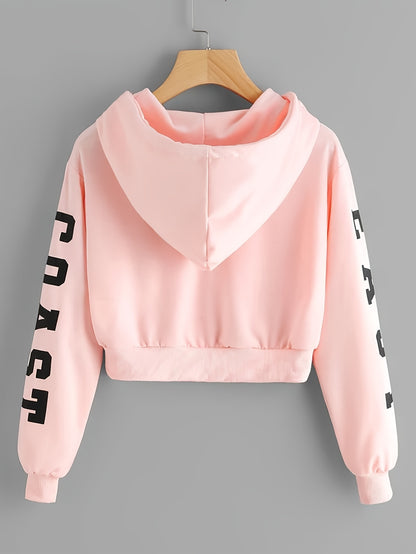 Sudadera con capucha rosa con letras para mujer – Estampado East/West estilo urbano casual