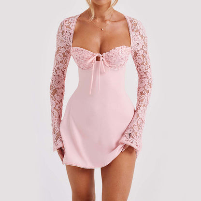 Robe Courte Corset en Dentelle Y2K Loom & Soul™ – Robe Courte à Manches Longues et Lacets au Dos pour Femme