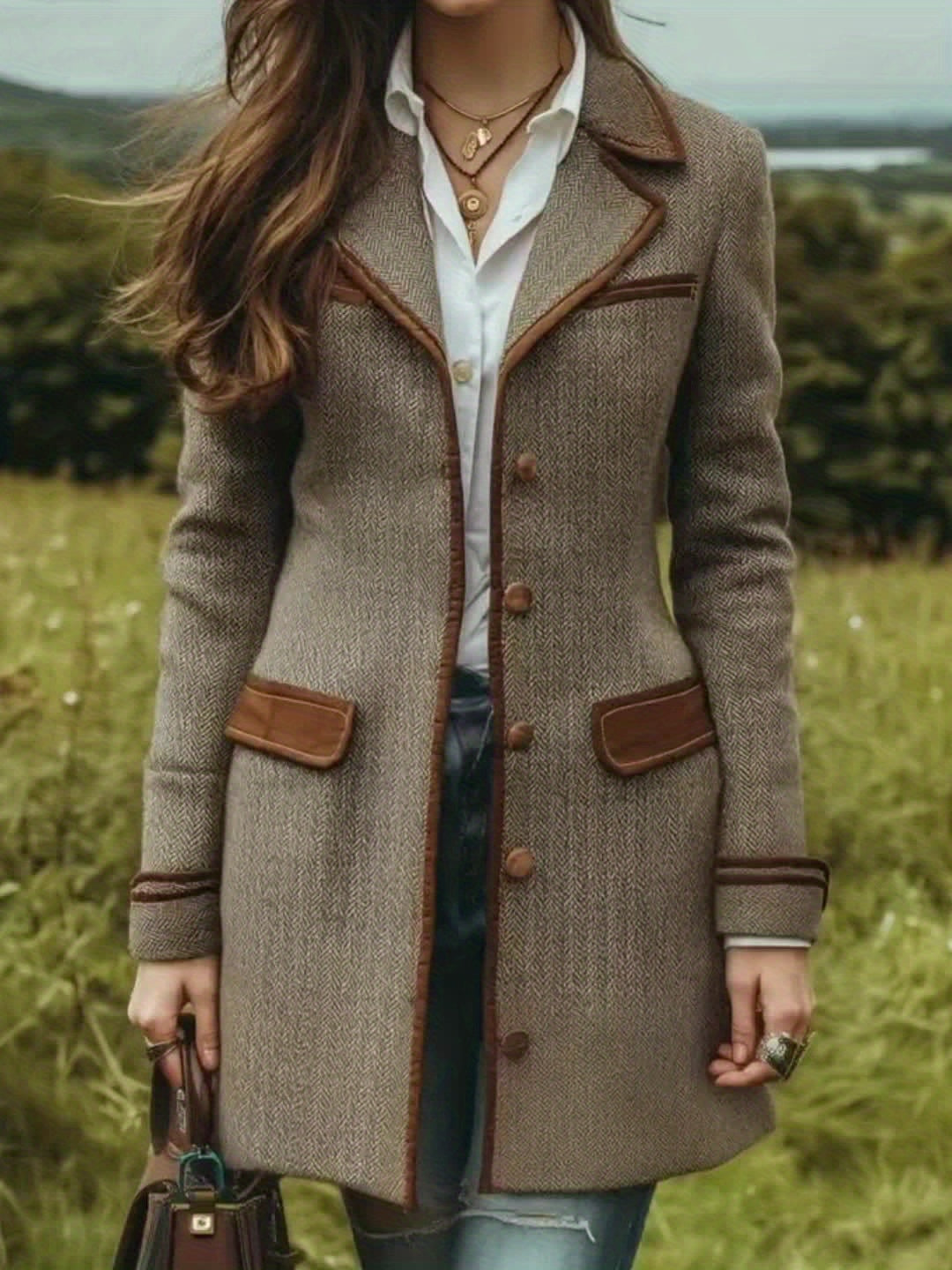 Brown Herringbone Coat – Mid-Length Belted Elegant Jacket