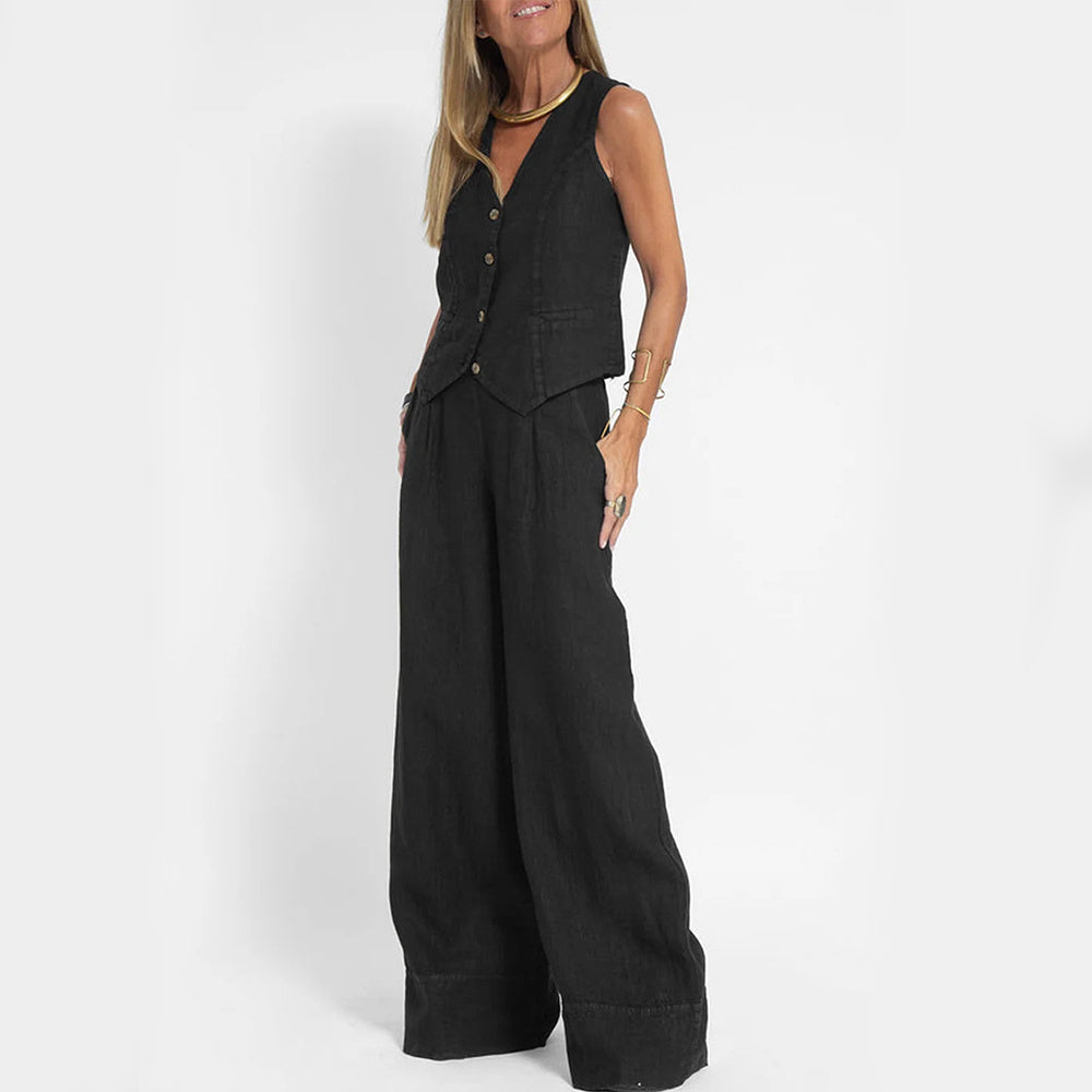 Conjunto de Chaleco y Pantalón de Lino y Algodón Loom & Soul™ para Mujer – Top sin Mangas con Cuello en V y Pantalones Rectos Sueltos
