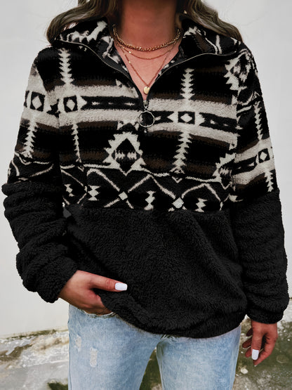 Sudadera de felpa con patrón geométrico Geo – Forro polar con media cremallera para otoño e invierno