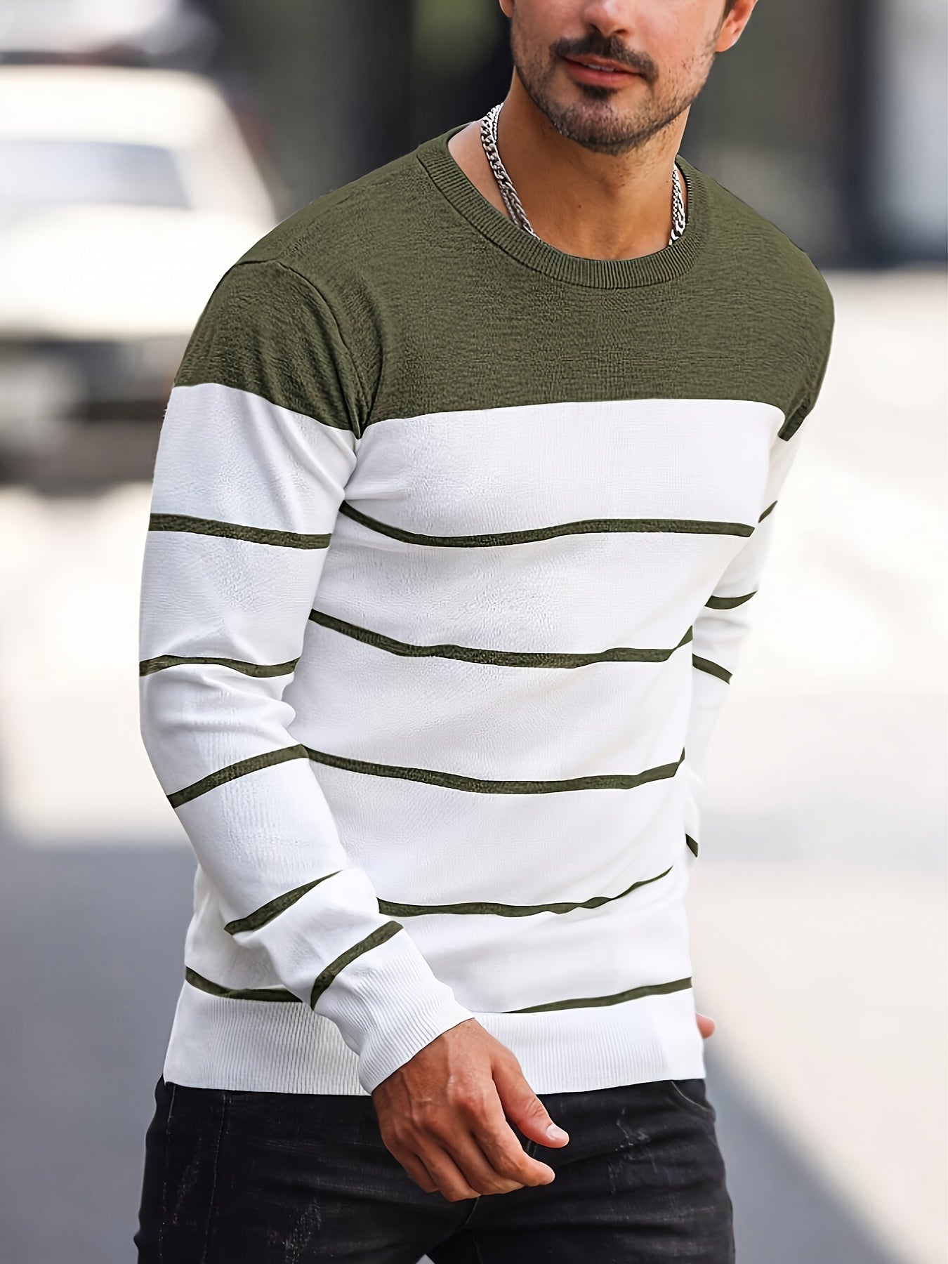 Suéter de punto a rayas azul marino para hombre – Sudadera informal de cuello redondo