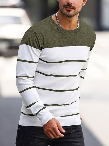 Suéter de punto a rayas azul marino para hombre – Sudadera informal de cuello redondo