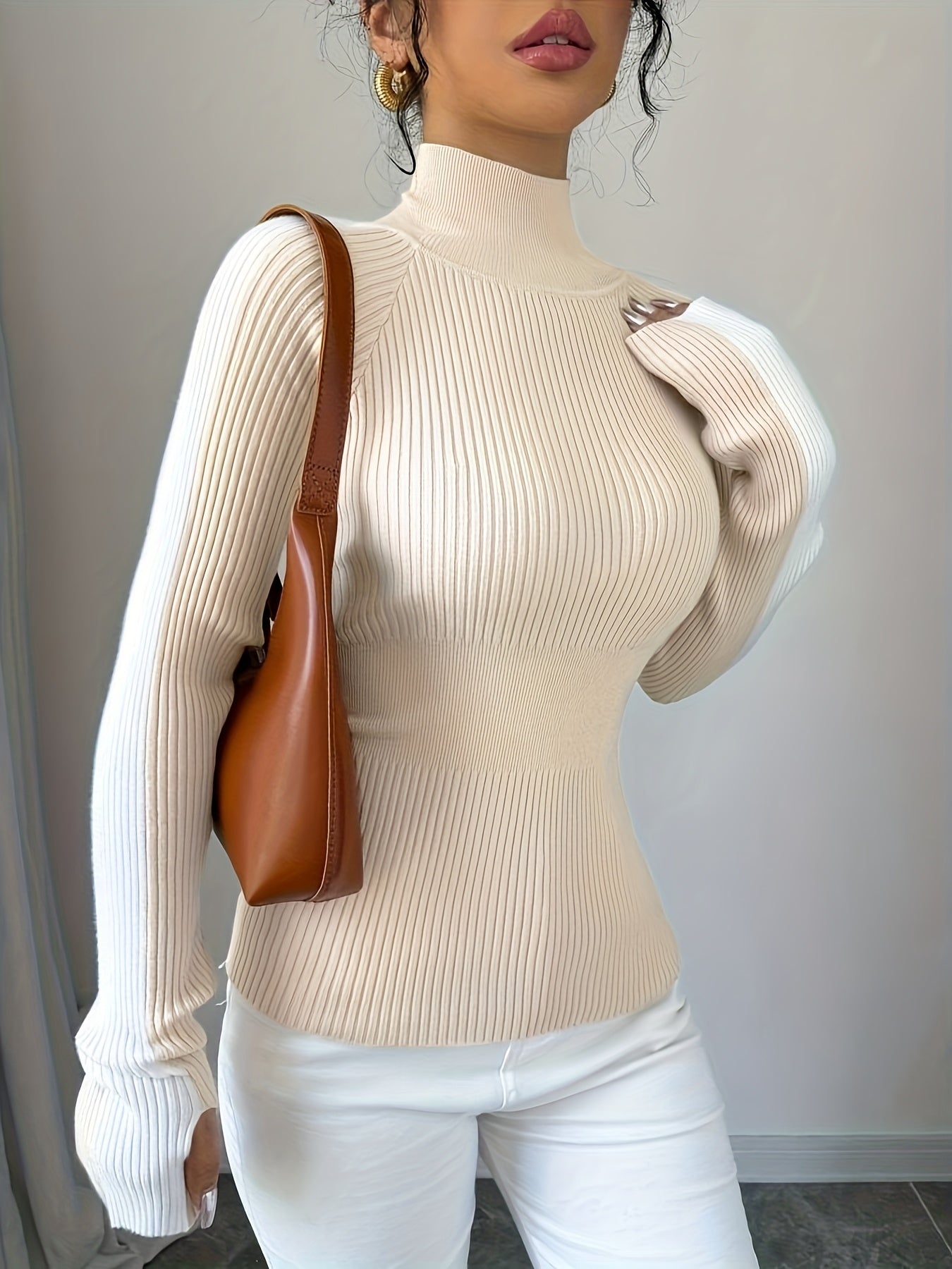 Suéter de cuello alto color block para mujer - Blusa elegante de punto suave