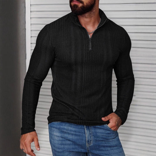 Sudadera con capucha de punto acanalado para hombre con cuello alto – Sudadera gruesa ajustada