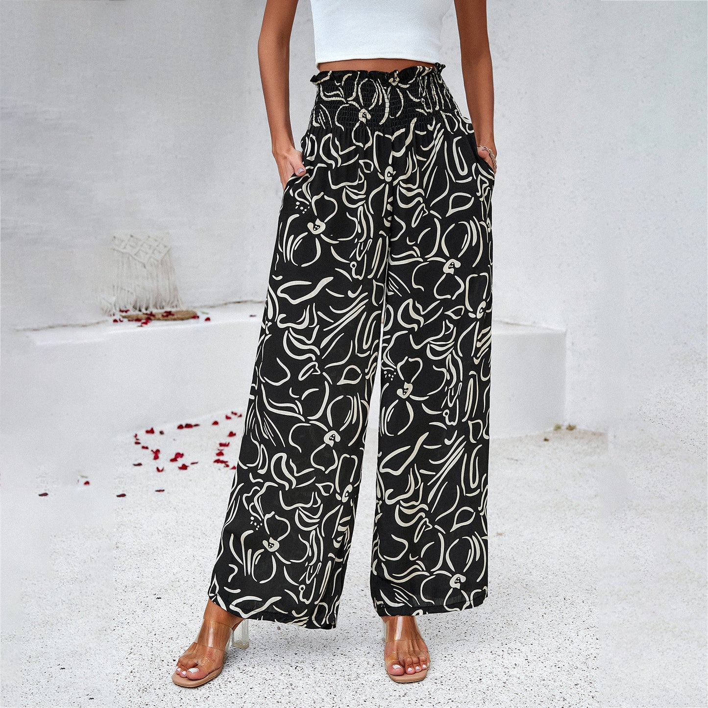 Loom & Soul™ Pantalon imprimé élégant – Pantalon femme taille haute, coupe droite et ample pour l'été et la plage