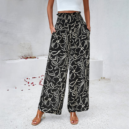 Loom & Soul™ Pantalon imprimé élégant – Pantalon femme taille haute, coupe droite et ample pour l'été et la plage
