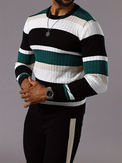 Pull rayé en tricot côtelé pour homme – Pull Color Block Automne Hiver