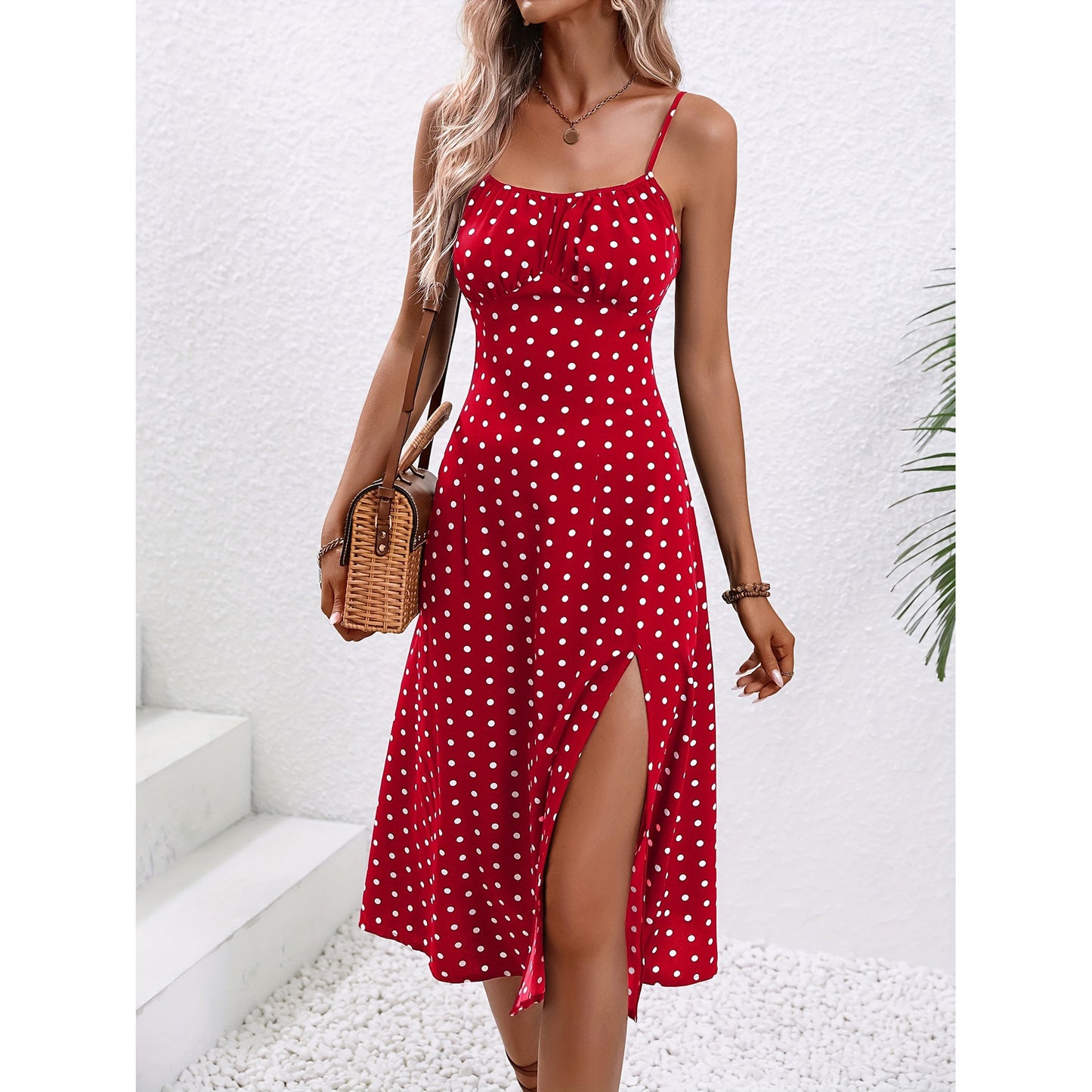 Loom & Soul™ Vestido Largo con Tirantes Finos y Estampado de Lunares – Vestido Largo de Verano para Mujer con Abertura