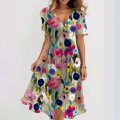 Loom & Soul™ Vestido floral de chifón – Vestido midi elegante de verano con cuello en V y manga corta para mujer