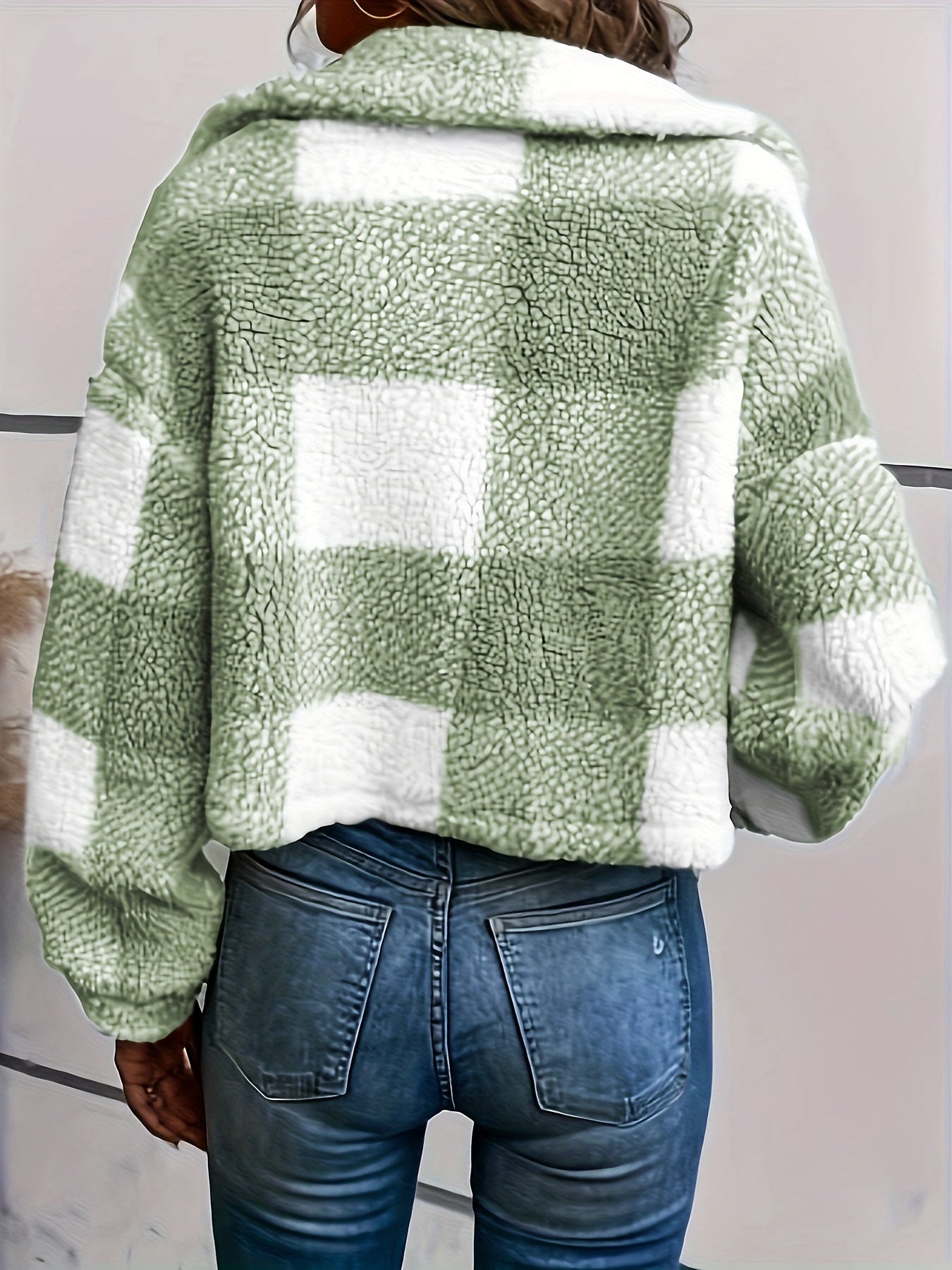 Abrigo de cuadros de borreguito para mujer – Abrigo de invierno cálido de manga larga con botones