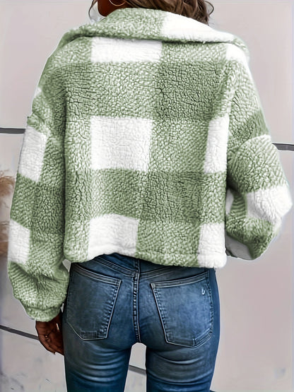 Abrigo de cuadros de borreguito para mujer – Abrigo de invierno cálido de manga larga con botones