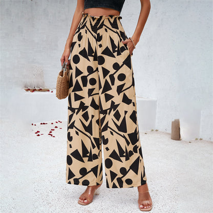 Loom & Soul™ Pantalon imprimé élégant – Pantalon femme taille haute, coupe droite et ample pour l'été et la plage
