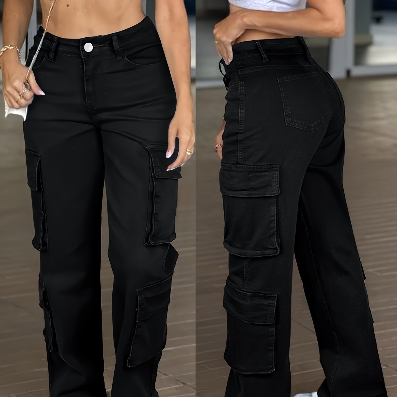 Vaqueros cargo de cintura alta para mujer – Pantalones de mezclilla de trabajo con múltiples bolsillos