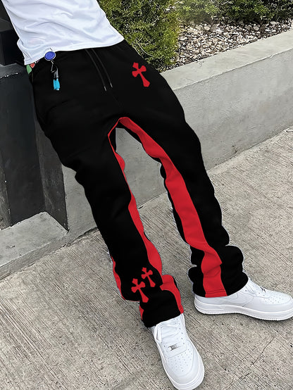 Pantalones Acampanados Negros para Hombre – Pantalones de Calle con Estampado de Cruz y Raya Roja