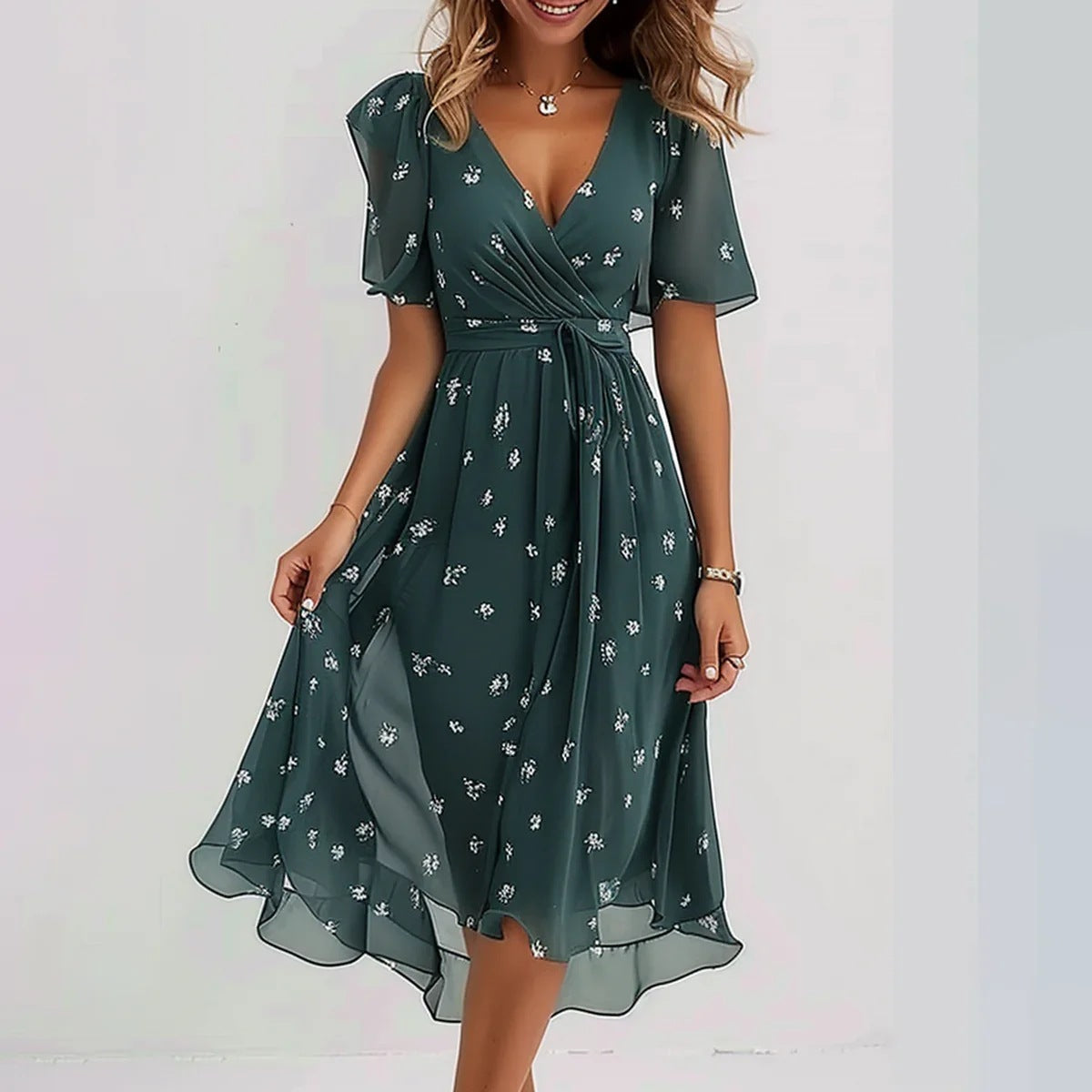 Loom & Soul™ Vestido floral de chifón – Vestido midi elegante de verano con cuello en V y manga corta para mujer